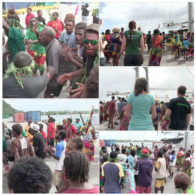 Tafea men dancing for Captain Mike Finken and crew of the Rainbow Warrior - Port Vila docks 18-05-2015